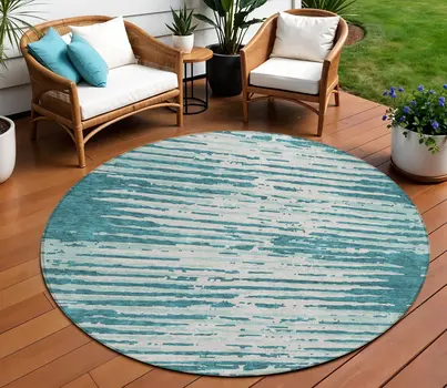 8' Teal Blue And Ivory Round Striped Washable Indoor Outdoor Area Rug