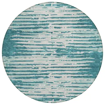 8' Teal Blue And Ivory Round Striped Washable Indoor Outdoor Area Rug