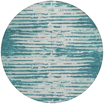 8' Teal Blue And Ivory Round Striped Washable Indoor Outdoor Area Rug