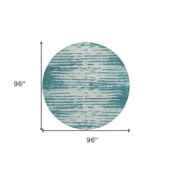 8' Teal Blue And Ivory Round Striped Washable Indoor Outdoor Area Rug