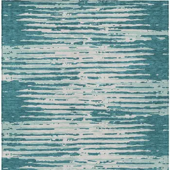 8' X 10' Teal Blue And Ivory Striped Washable Indoor Outdoor Area Rug