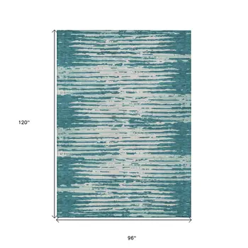 8' X 10' Teal Blue And Ivory Striped Washable Indoor Outdoor Area Rug