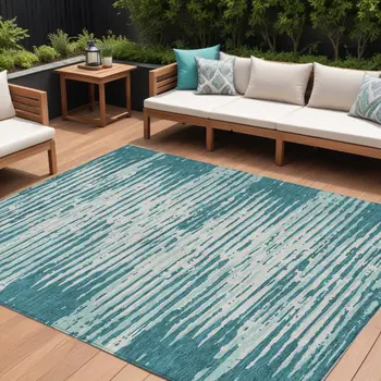 8' X 10' Teal Blue And Ivory Striped Washable Indoor Outdoor Area Rug