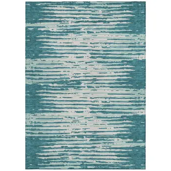 9' X 12' Teal Blue And Ivory Striped Washable Indoor Outdoor Area Rug