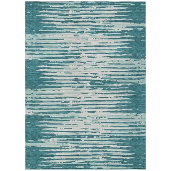 10' X 14' Teal Blue And Ivory Striped Washable Indoor Outdoor Area Rug