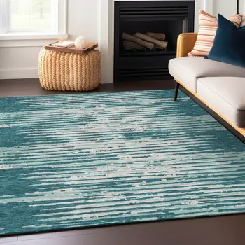 10' X 14' Teal Blue And Ivory Striped Washable Indoor Outdoor Area Rug