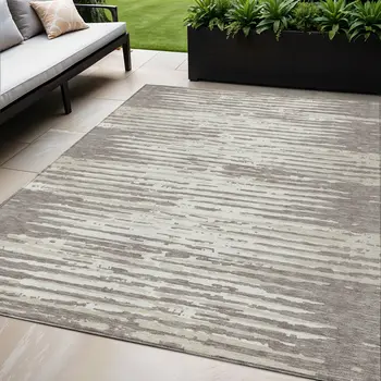 5' X 8' Taupe And Ivory Striped Washable Indoor Outdoor Area Rug