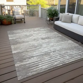 5' X 8' Taupe And Ivory Striped Washable Indoor Outdoor Area Rug