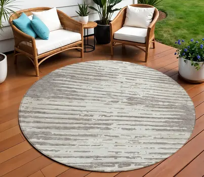 8' Taupe And Ivory Round Striped Washable Indoor Outdoor Area Rug
