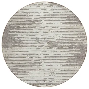 8' Taupe And Ivory Round Striped Washable Indoor Outdoor Area Rug