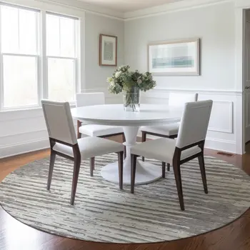 8' Taupe And Ivory Round Striped Washable Indoor Outdoor Area Rug