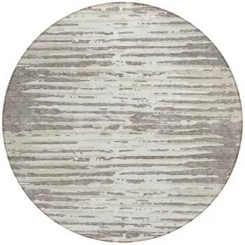 8' Taupe And Ivory Round Striped Washable Indoor Outdoor Area Rug