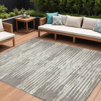 8' X 10' Taupe And Ivory Striped Washable Indoor Outdoor Area Rug