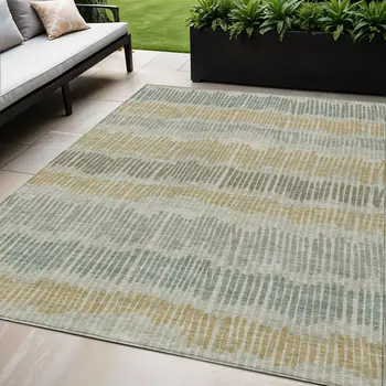 5' X 8' Beige Brown And Gray Striped Washable Indoor Outdoor Area Rug