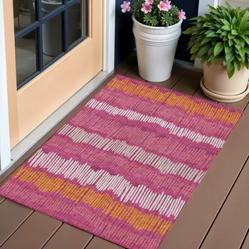 3' X 5' Blush Ivory And Brown Striped Washable Indoor Outdoor Area Rug