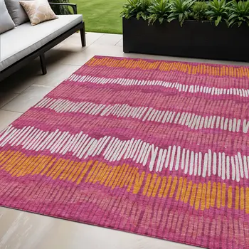 5' X 8' Blush Ivory And Brown Striped Washable Indoor Outdoor Area Rug