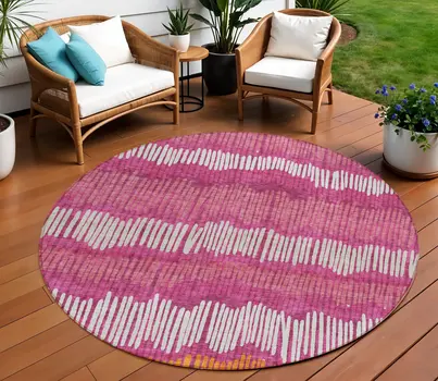 8' Blush Ivory And Brown Round Striped Washable Indoor Outdoor Area Rug