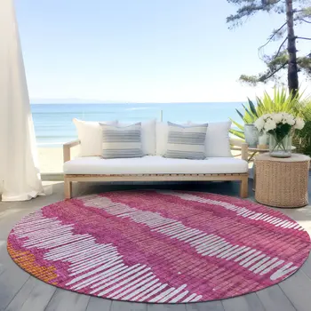 8' Blush Ivory And Brown Round Striped Washable Indoor Outdoor Area Rug