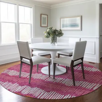 8' Blush Ivory And Brown Round Striped Washable Indoor Outdoor Area Rug