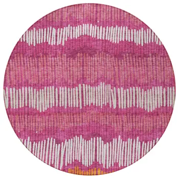 8' Blush Ivory And Brown Round Striped Washable Indoor Outdoor Area Rug