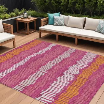 9' X 12' Blush Ivory And Brown Striped Washable Indoor Outdoor Area Rug