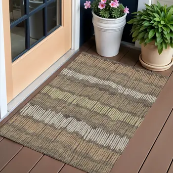 3' X 5' Brown And Dark Green Striped Washable Indoor Outdoor Area Rug