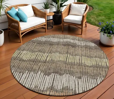 8' Brown And Dark Green Round Striped Washable Indoor Outdoor Area Rug