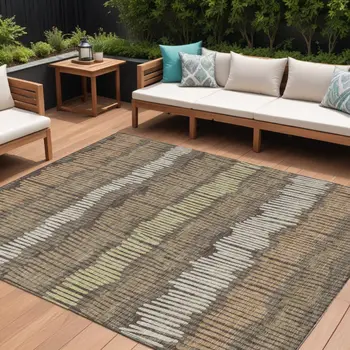 10' X 14' Brown And Dark Green Striped Washable Indoor Outdoor Area Rug