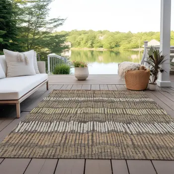 10' X 14' Brown And Dark Green Striped Washable Indoor Outdoor Area Rug
