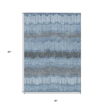 3' X 5' Blue Black And Gray Striped Washable Indoor Outdoor Area Rug