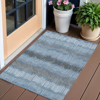 3' X 5' Blue Black And Gray Striped Washable Indoor Outdoor Area Rug