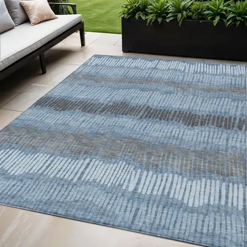 5' X 8' Blue Black And Gray Striped Washable Indoor Outdoor Area Rug