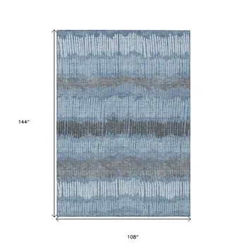 9' X 12' Blue Black And Gray Striped Washable Indoor Outdoor Area Rug