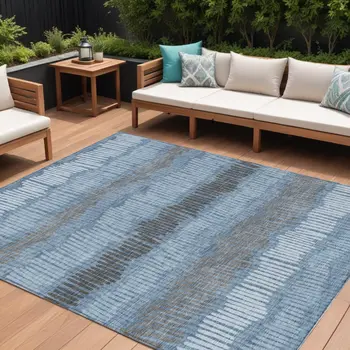 10' X 14' Blue Black And Gray Striped Washable Indoor Outdoor Area Rug