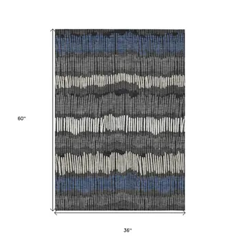 3' X 5' Charcoal Blue And Ivory Striped Washable Indoor Outdoor Area Rug