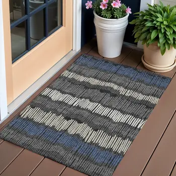 3' X 5' Charcoal Blue And Ivory Striped Washable Indoor Outdoor Area Rug