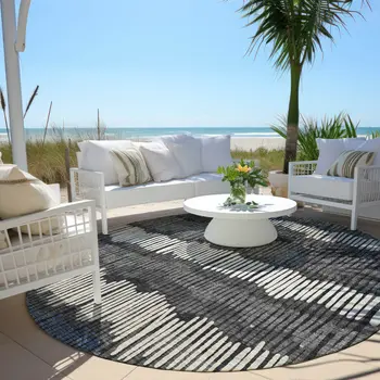 8' Charcoal Blue And Ivory Round Striped Washable Indoor Outdoor Area Rug