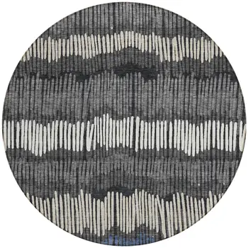 8' Charcoal Blue And Ivory Round Striped Washable Indoor Outdoor Area Rug