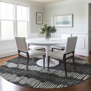 8' Charcoal Blue And Ivory Round Striped Washable Indoor Outdoor Area Rug