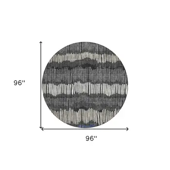 8' Charcoal Blue And Ivory Round Striped Washable Indoor Outdoor Area Rug