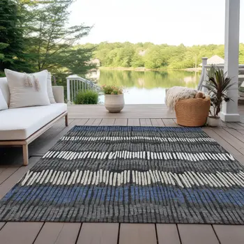 8' X 10' Charcoal Blue And Ivory Striped Washable Indoor Outdoor Area Rug