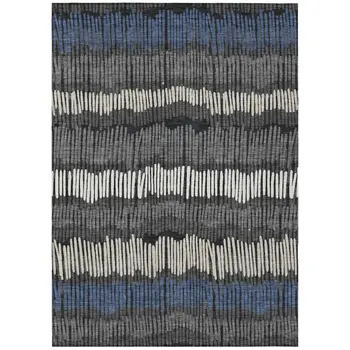 8' X 10' Charcoal Blue And Ivory Striped Washable Indoor Outdoor Area Rug