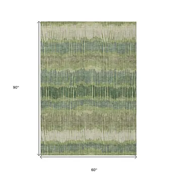 5' X 8' Green Gray And Ivory Striped Washable Indoor Outdoor Area Rug