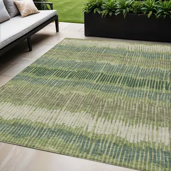 5' X 8' Green Gray And Ivory Striped Washable Indoor Outdoor Area Rug