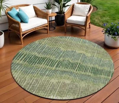 8' Green Gray And Ivory Round Striped Washable Indoor Outdoor Area Rug