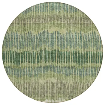 8' Green Gray And Ivory Round Striped Washable Indoor Outdoor Area Rug
