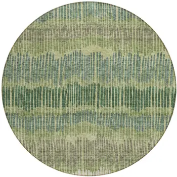 8' Green Gray And Ivory Round Striped Washable Indoor Outdoor Area Rug