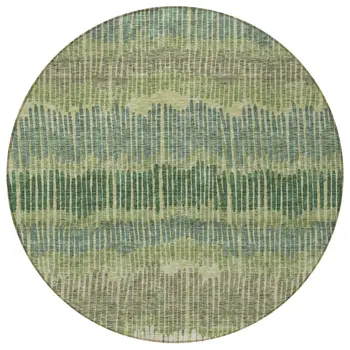 8' Green Gray And Ivory Round Striped Washable Indoor Outdoor Area Rug