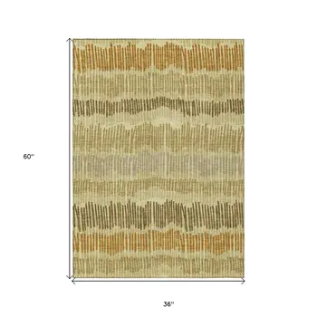 3' X 5' Gold Brown And Gray Striped Washable Indoor Outdoor Area Rug