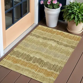 3' X 5' Gold Brown And Gray Striped Washable Indoor Outdoor Area Rug